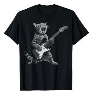 Source Unknown Black Graphic Tee with Rocking Cat and Guitar